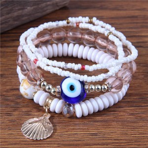 Evil Eye Decorated Seashell Beads Fashion Women Friendship Bracelet - White