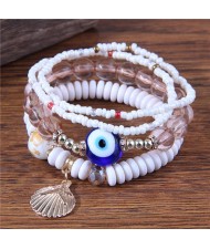 Evil Eye Decorated Seashell Beads Fashion Women Friendship Bracelet - White