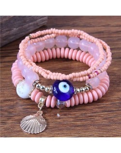 Evil Eye Decorated Seashell Beads Fashion Women Friendship Bracelet - Pink