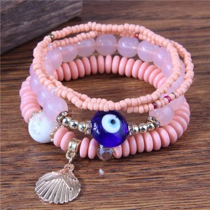 Evil Eye Decorated Seashell Beads Fashion Women Friendship Bracelet - Pink