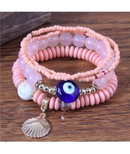 Evil Eye Decorated Seashell Beads Fashion Women Friendship Bracelet - Pink