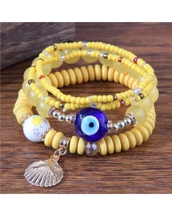 Evil Eye Decorated Seashell Beads Fashion Women Friendship Bracelet - Yellow