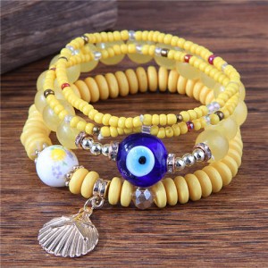 Evil Eye Decorated Seashell Beads Fashion Women Friendship Bracelet - Yellow