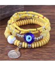 Evil Eye Decorated Seashell Beads Fashion Women Friendship Bracelet - Yellow