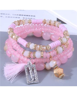 Multi-layer Beads Happy Charm High Fashion Women Wholesale Bracelet - Pink