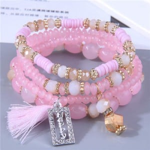 Multi-layer Beads Happy Charm High Fashion Women Wholesale Bracelet - Pink