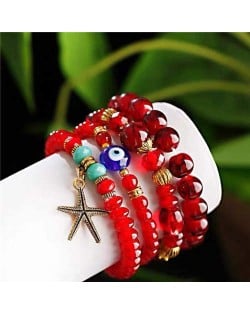 Bohemain Fashion Evil Eye and Starfish Mixed Beads Multi-layer Wholesale Bracelet - Red