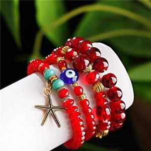 Bohemain Fashion Evil Eye and Starfish Mixed Beads Multi-layer Wholesale Bracelet - Red