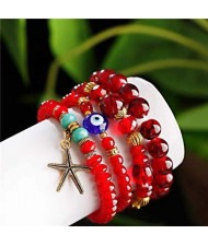 Bohemain Fashion Evil Eye and Starfish Mixed Beads Multi-layer Wholesale Bracelet - Red