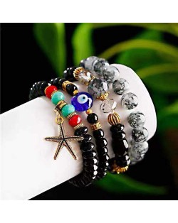 Bohemain Fashion Evil Eye and Starfish Mixed Beads Multi-layer Wholesale Bracelet - Black