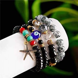 Bohemain Fashion Evil Eye and Starfish Mixed Beads Multi-layer Wholesale Bracelet - Black