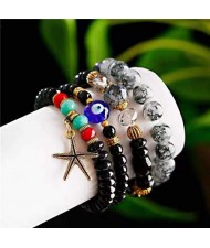 Bohemain Fashion Evil Eye and Starfish Mixed Beads Multi-layer Wholesale Bracelet - Black