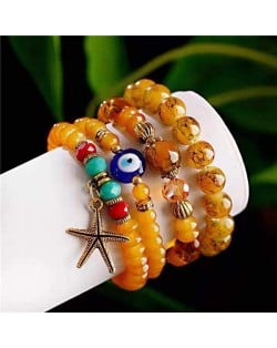 Bohemain Fashion Evil Eye and Starfish Mixed Beads Multi-layer Wholesale Bracelet - Yellow