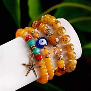 Bohemain Fashion Evil Eye and Starfish Mixed Beads Multi-layer Wholesale Bracelet - Yellow
