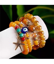 Bohemain Fashion Evil Eye and Starfish Mixed Beads Multi-layer Wholesale Bracelet - Yellow