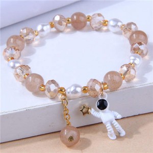 Astronaut Pendant Crystal and Pearl Mix Fashion Women Wholesale Bracelet - Brown