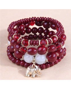Golden Elephant Pendant Multi-layer Beads High Fashion Women Bracelet - Red