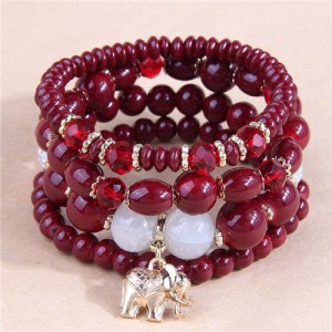 Golden Elephant Pendant Multi-layer Beads High Fashion Women Bracelet - Red