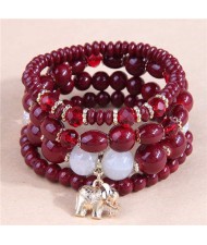 Golden Elephant Pendant Multi-layer Beads High Fashion Women Bracelet - Red