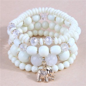 Golden Elephant Pendant Multi-layer Beads High Fashion Women Bracelet - White