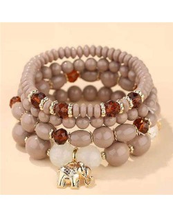 Golden Elephant Pendant Multi-layer Beads High Fashion Women Bracelet - Khaki