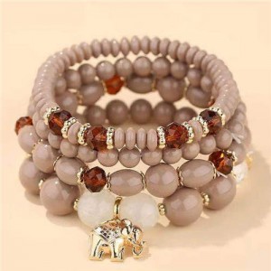Golden Elephant Pendant Multi-layer Beads High Fashion Women Bracelet - Khaki