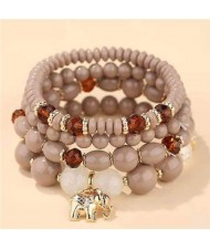 Golden Elephant Pendant Multi-layer Beads High Fashion Women Bracelet - Khaki