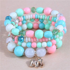 Golden Elephant Pendant Multi-layer Beads High Fashion Women Bracelet - Green