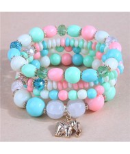 Golden Elephant Pendant Multi-layer Beads High Fashion Women Bracelet - Green