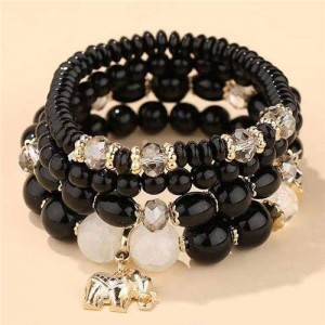 Golden Elephant Pendant Multi-layer Beads High Fashion Women Bracelet - Black