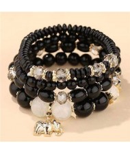Golden Elephant Pendant Multi-layer Beads High Fashion Women Bracelet - Black