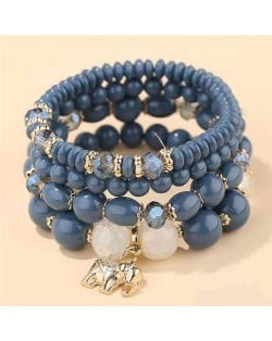 Golden Elephant Pendant Multi-layer Beads High Fashion Women Bracelet - Blue