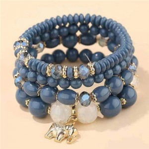 Golden Elephant Pendant Multi-layer Beads High Fashion Women Bracelet - Blue