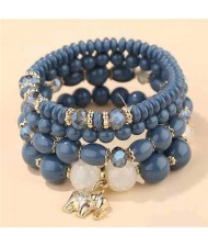Golden Elephant Pendant Multi-layer Beads High Fashion Women Bracelet - Blue