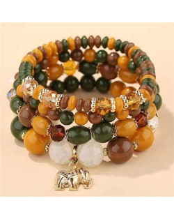 Golden Elephant Pendant Multi-layer Beads High Fashion Women Bracelet - Green and Yellow