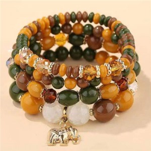 Golden Elephant Pendant Multi-layer Beads High Fashion Women Bracelet - Green and Yellow