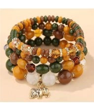 Golden Elephant Pendant Multi-layer Beads High Fashion Women Bracelet - Green and Yellow