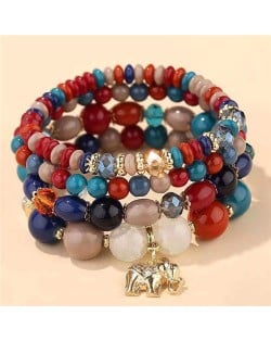 Golden Elephant Pendant Multi-layer Beads High Fashion Women Bracelet - Blue and Red
