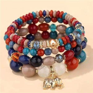 Golden Elephant Pendant Multi-layer Beads High Fashion Women Bracelet - Blue and Red