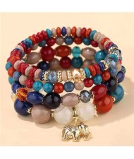 Golden Elephant Pendant Multi-layer Beads High Fashion Women Bracelet - Blue and Red