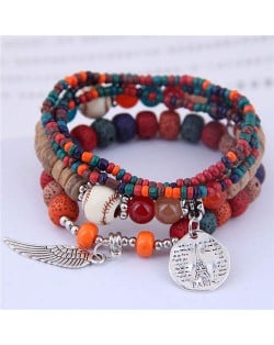 Silver Paris Tower and Wing Pendant Bohemian Fashion Beads Multi-layer Women Bracelet - Green and Orange