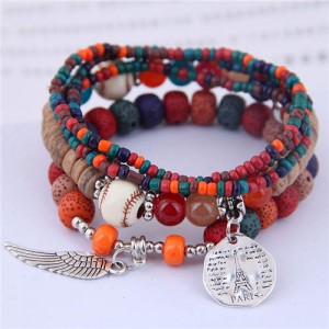 Silver Paris Tower and Wing Pendant Bohemian Fashion Beads Multi-layer Women Bracelet - Green and Orange