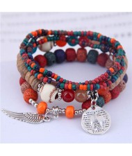 Silver Paris Tower and Wing Pendant Bohemian Fashion Beads Multi-layer Women Bracelet - Green and Orange