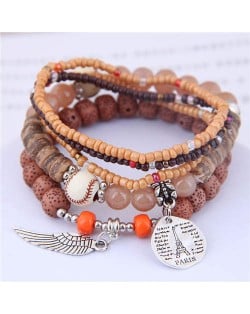 Silver Paris Tower and Wing Pendant Bohemian Fashion Beads Multi-layer Women Bracelet - Brown