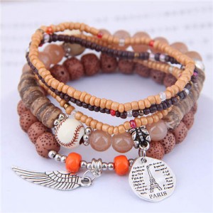 Silver Paris Tower and Wing Pendant Bohemian Fashion Beads Multi-layer Women Bracelet - Brown