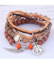 Silver Paris Tower and Wing Pendant Bohemian Fashion Beads Multi-layer Women Bracelet - Brown