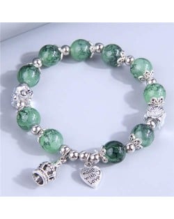 Hand-made Crown and Heart Pendants Green Beads Vintage Women Wholesale Bracelet