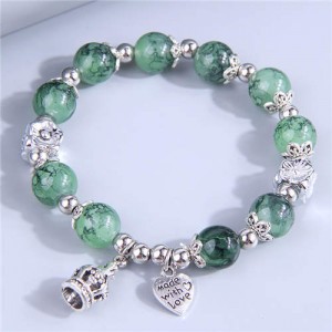 Hand-made Crown and Heart Pendants Green Beads Vintage Women Wholesale Bracelet