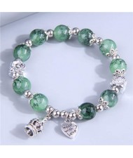 Hand-made Crown and Heart Pendants Green Beads Vintage Women Wholesale Bracelet