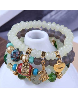 Night Owl and Love Pendant High Fashion Multiple Layers High Fashion Women Wholesale Bracelet - Light Green